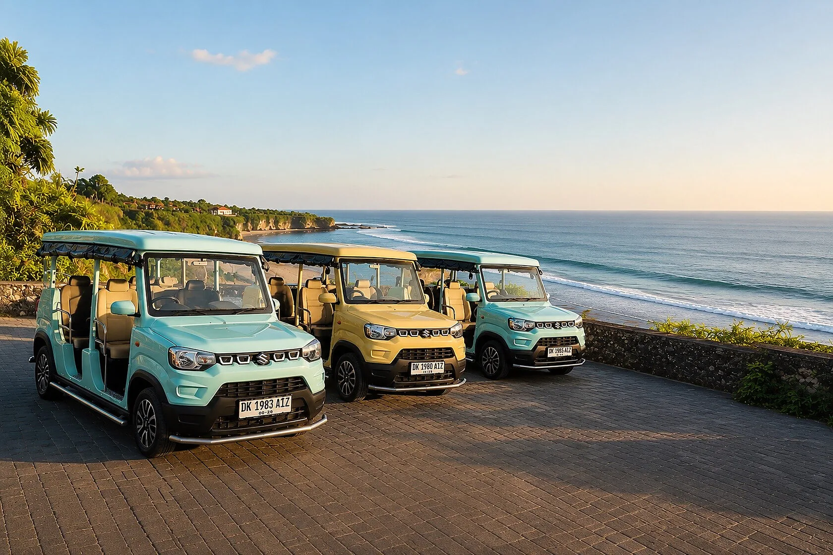 Three BugoRide open-air buggies parked beside the ocean in Bali